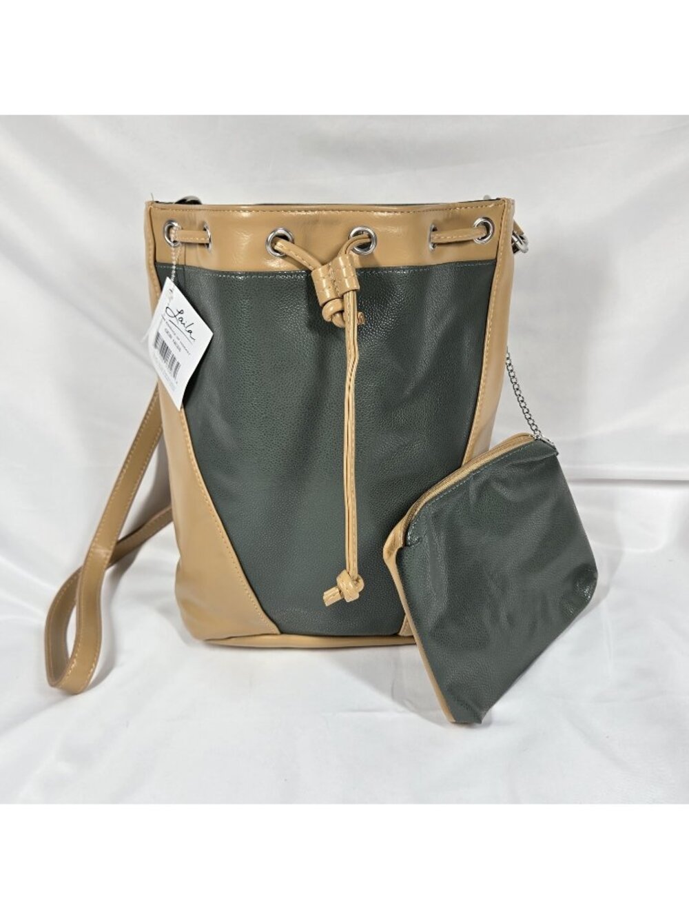 NWT GEIR NESS Laila Bucket Bag, Tan & Green Essence Of Norway Vegan Leather